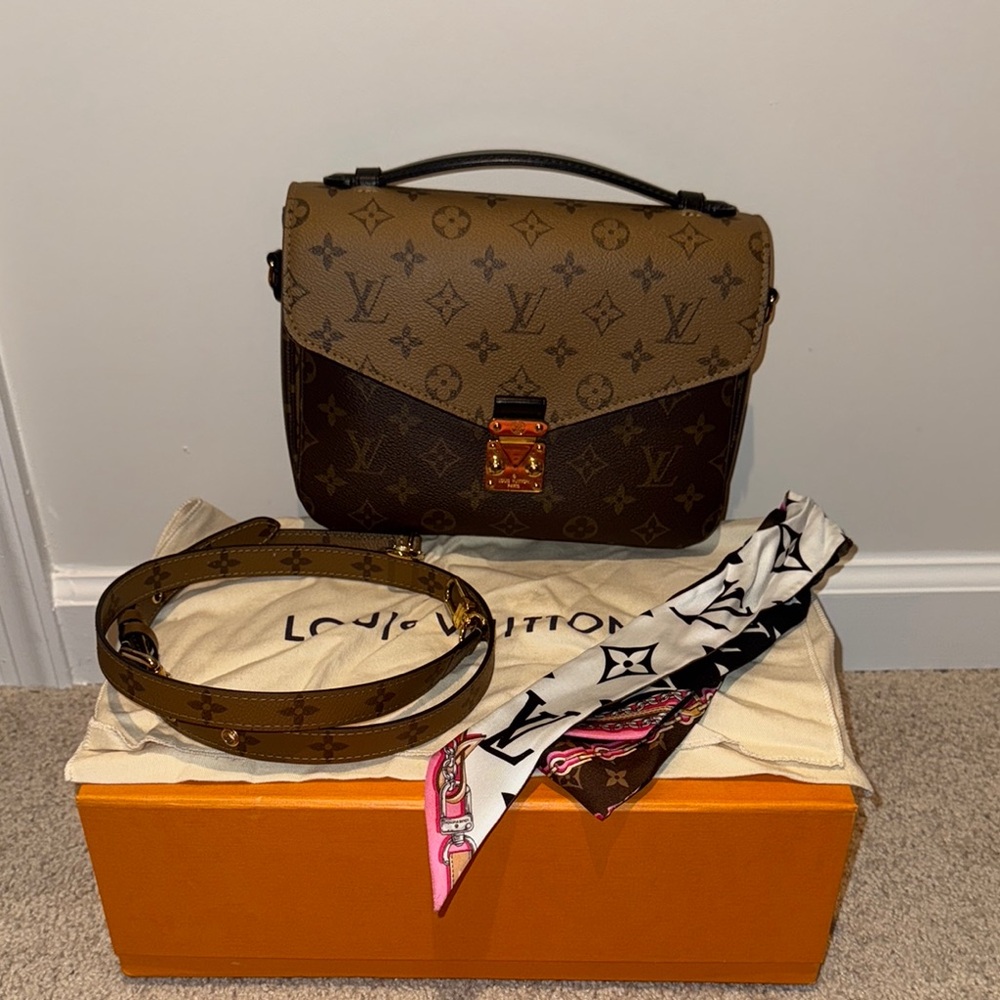 -SOLD————Louis Vuitton Monogram Crossbody Bag and LV scarf.